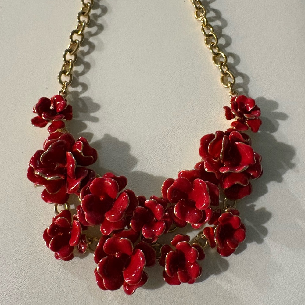Talbots Double Layer Red & Gold Tone Flowers Necklace